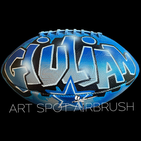 Personalized Football with the name Giulian in blue and silver painted in custom airbrush graffiti